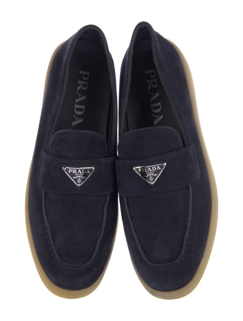 Prada Enameled Metal Triangle Suede Loafers