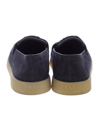 Prada Enameled Metal Triangle Suede Loafers