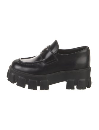 Prada Enameled Metal Triangle Leather Loafers