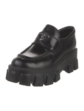 Prada Enameled Metal Triangle Leather Loafers
