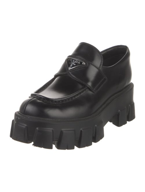 Prada Enameled Metal Triangle Leather Loafers