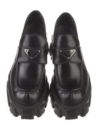 Prada Enameled Metal Triangle Leather Loafers