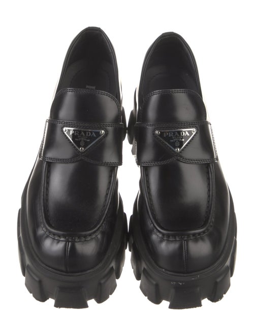 Prada Enameled Metal Triangle Leather Loafers