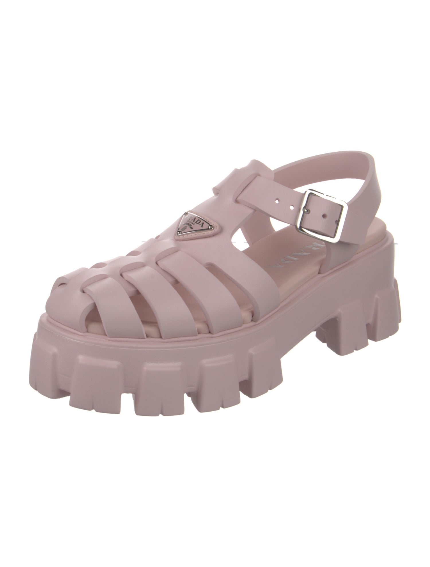 Prada Enameled Metal Triangle Rubber Gladiator Sandals