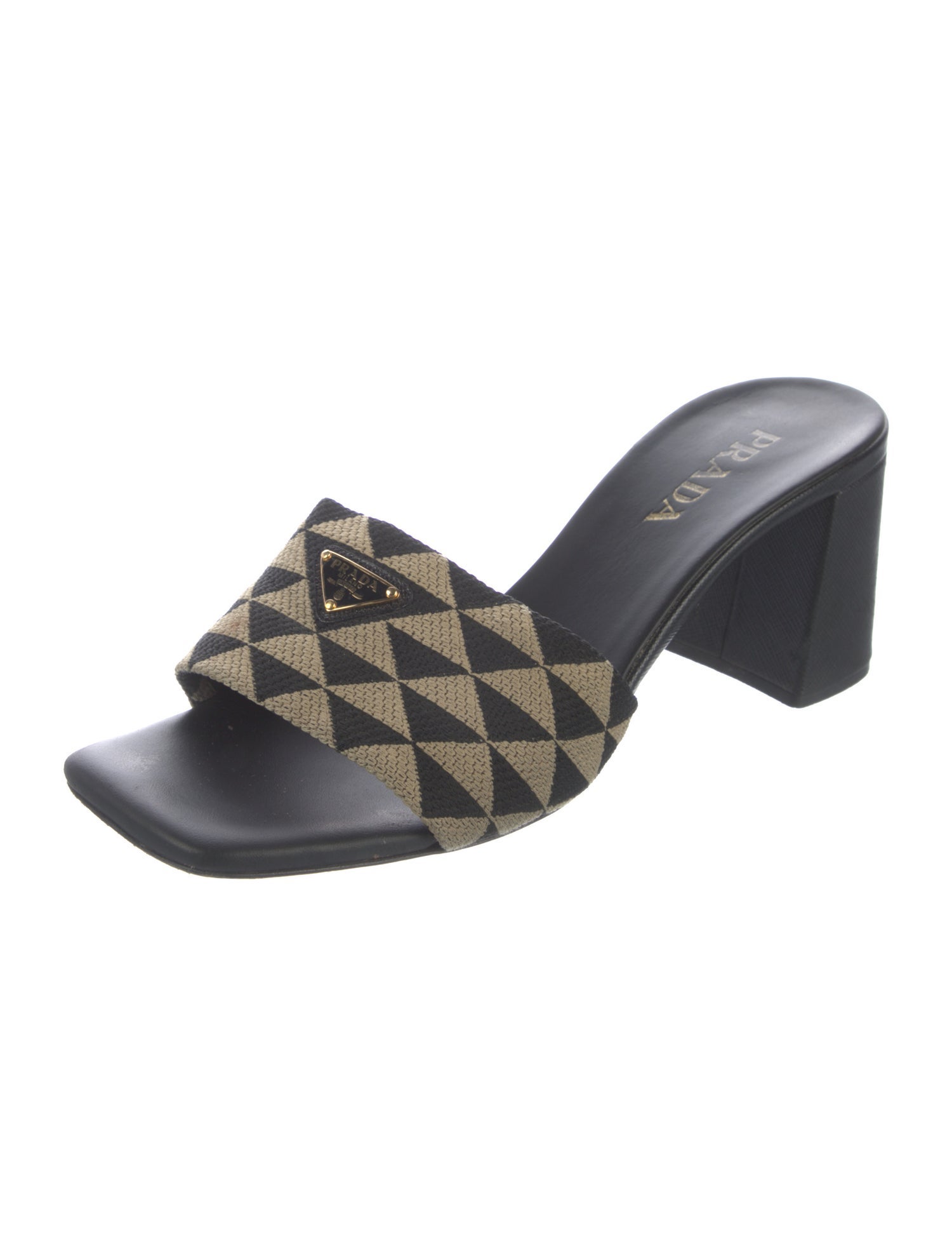 Prada Enameled Metal Triangle Printed Slides