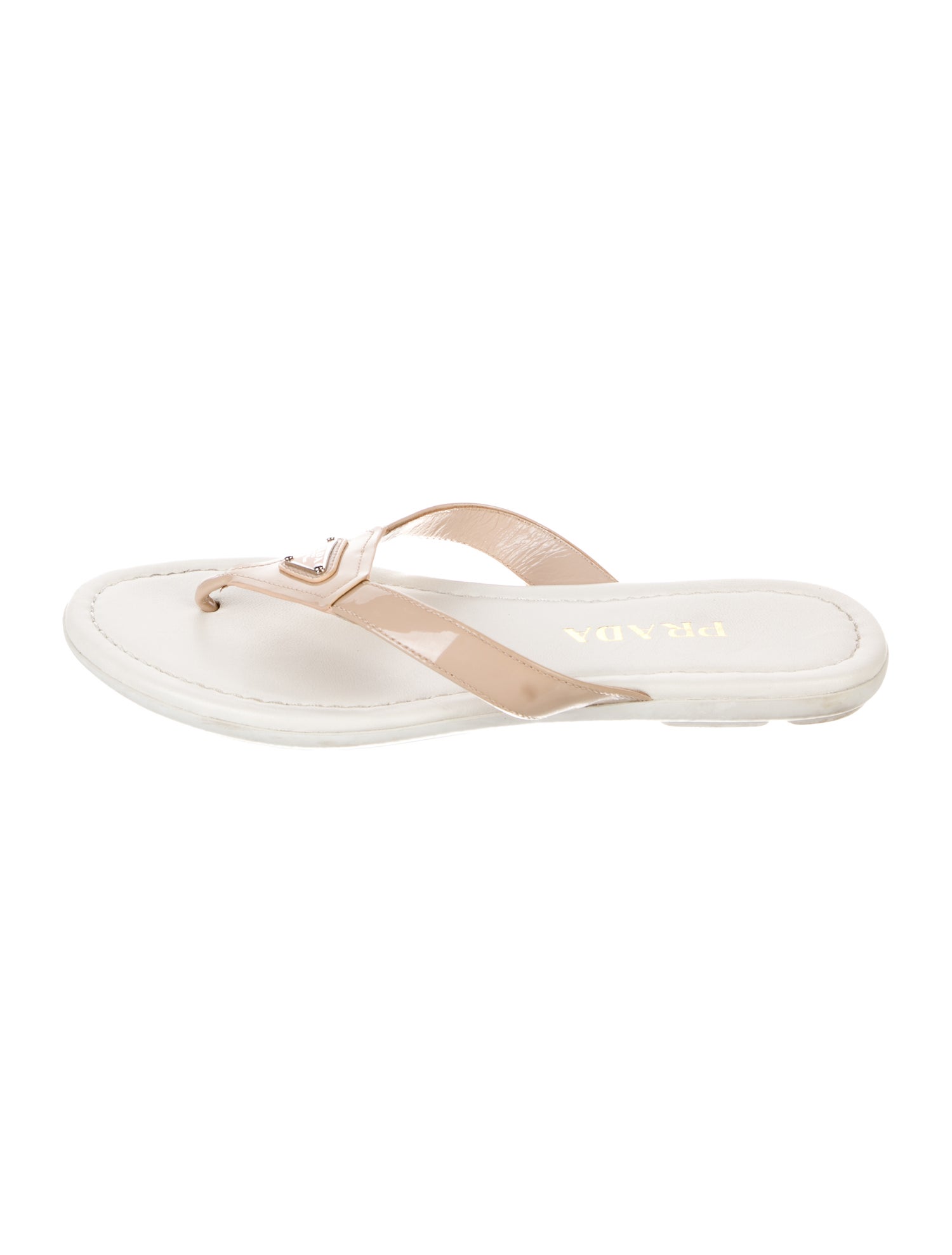 Prada Enameled Metal Triangle Patent Leather Slides