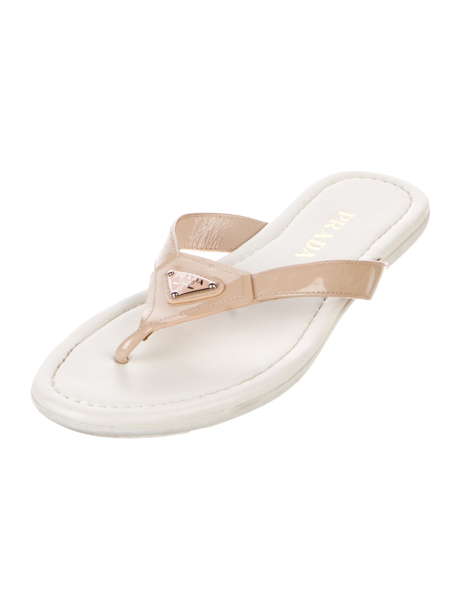 Prada Enameled Metal Triangle Patent Leather Slides