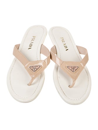 Prada Enameled Metal Triangle Patent Leather Slides