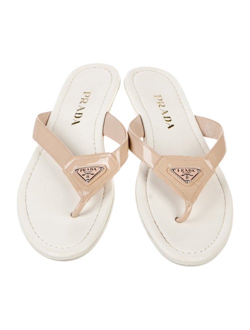 Prada Enameled Metal Triangle Patent Leather Slides