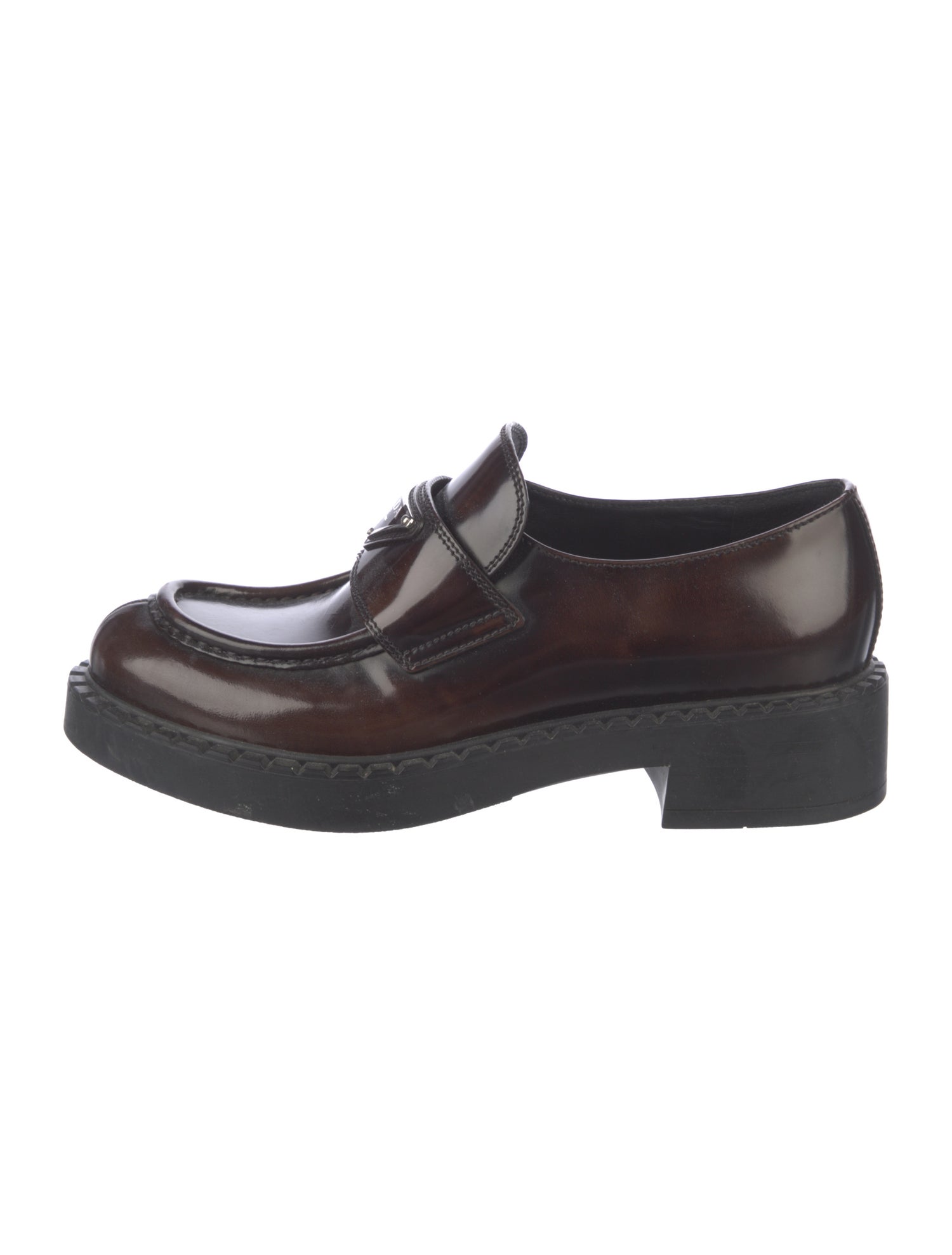 Prada Enameled Metal Triangle Patent Leather Loafers