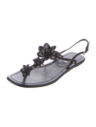 Prada Patent Leather Beaded Accents T-Strap Sandals