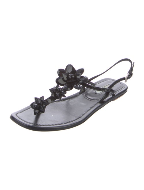 Prada Patent Leather Beaded Accents T-Strap Sandals