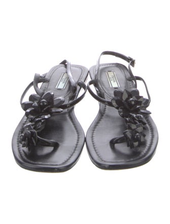 Prada Patent Leather Beaded Accents T-Strap Sandals