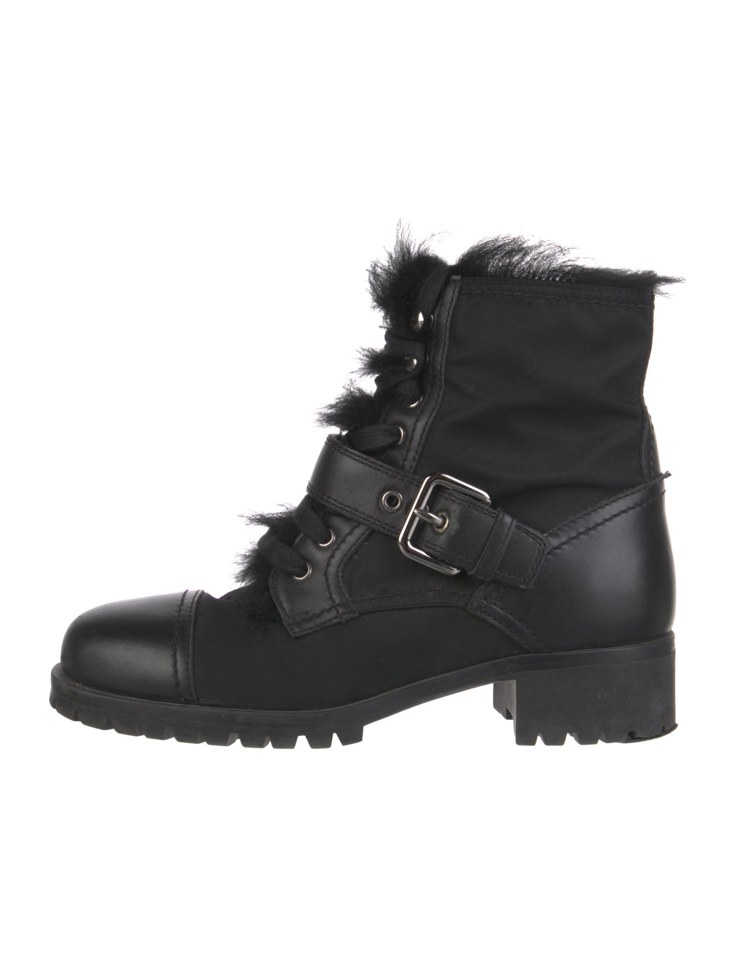 Prada Leather Fur Trim Combat Boots