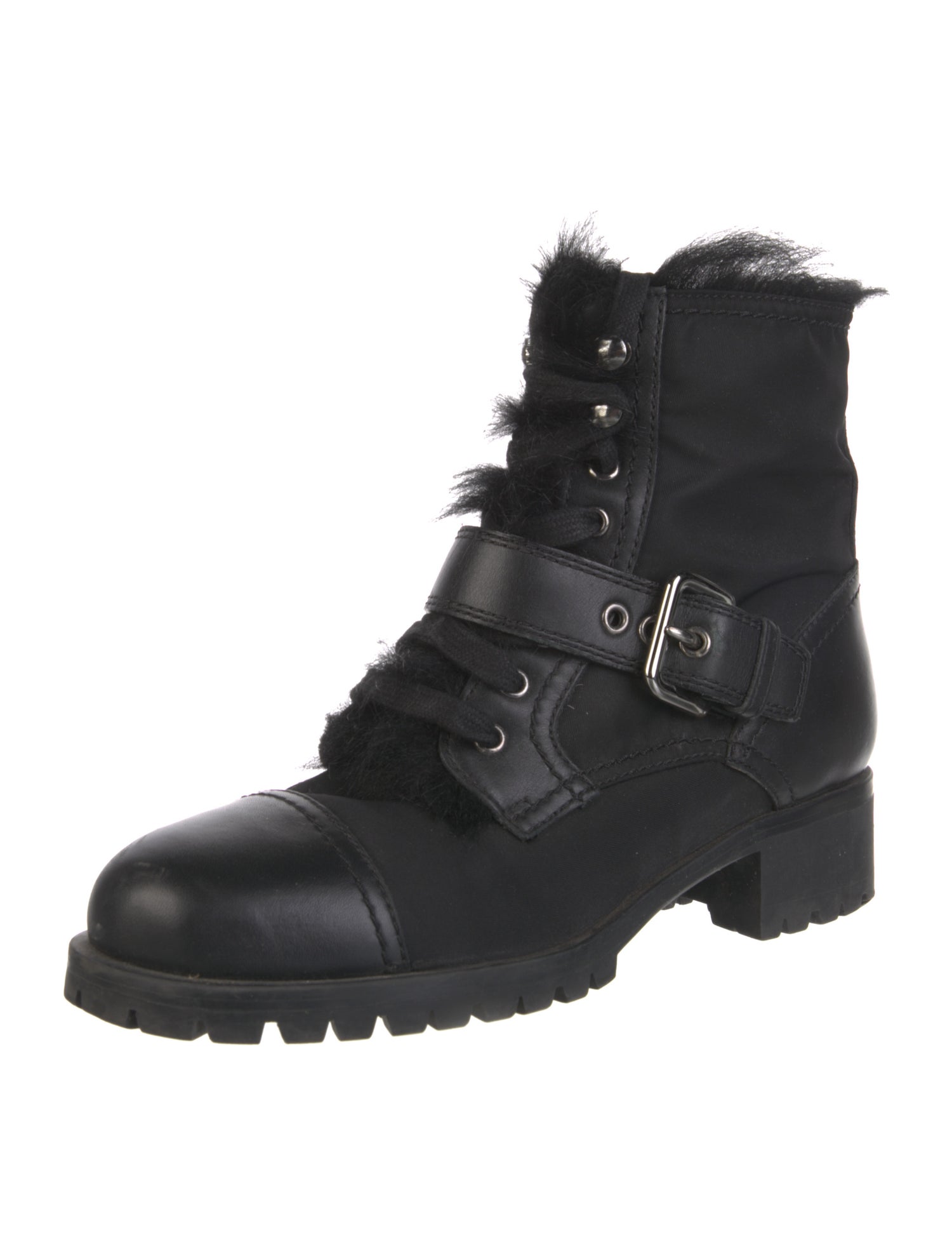 Prada Leather Fur Trim Combat Boots