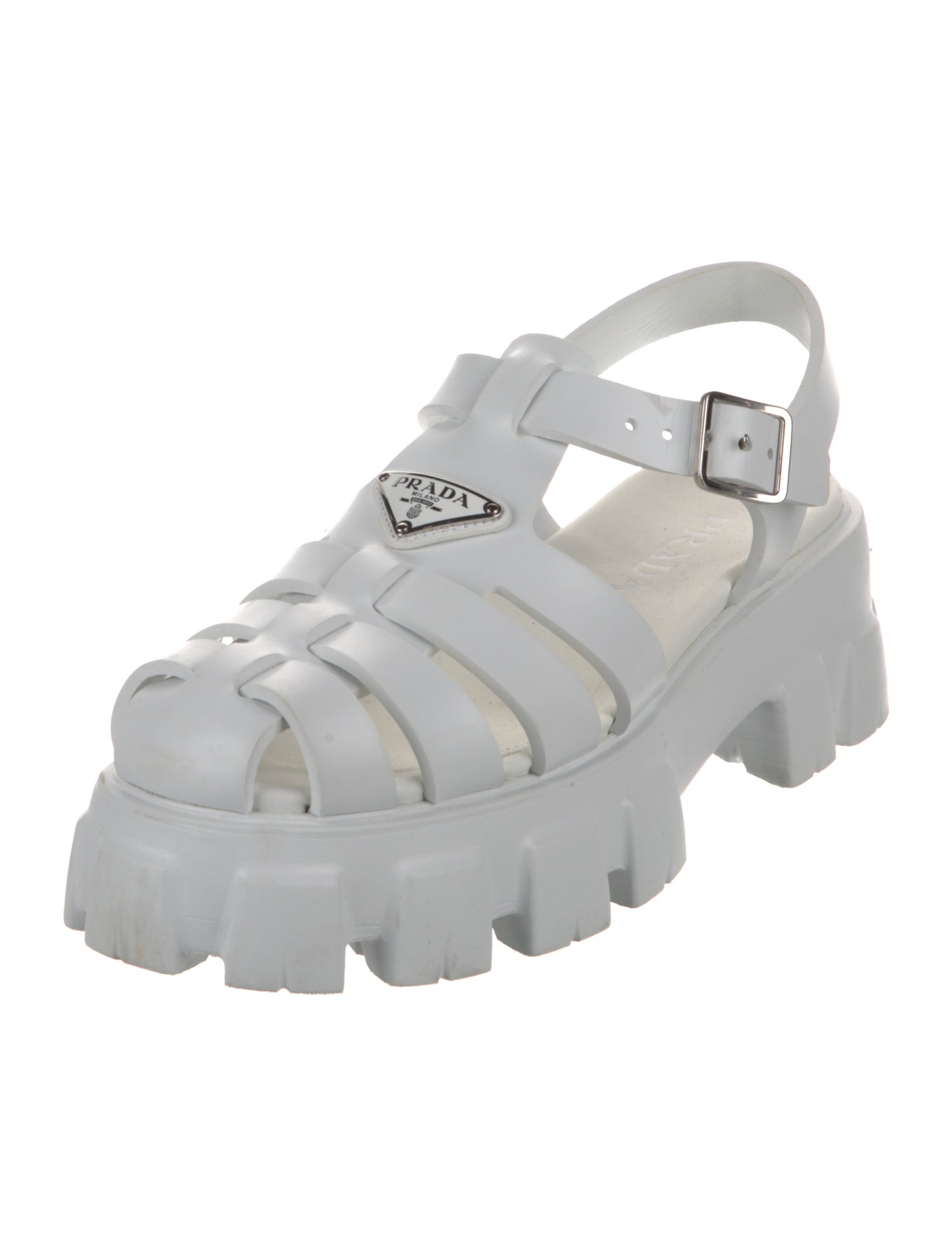 Prada Enameled Metal Triangle Rubber Slingback Sandals