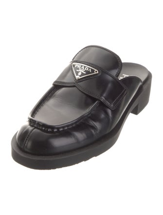 Prada Enameled Metal Triangle Leather Mules