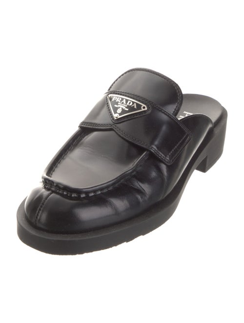 Prada Enameled Metal Triangle Leather Mules