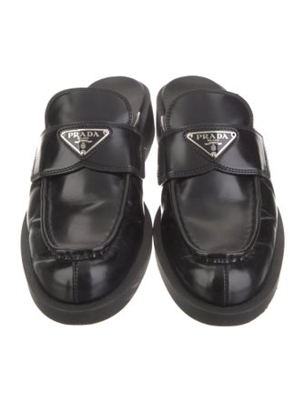 Prada Enameled Metal Triangle Leather Mules