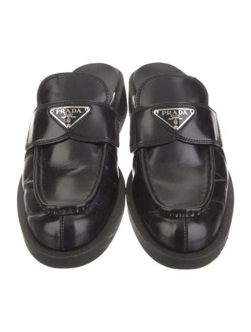 Prada Enameled Metal Triangle Leather Mules