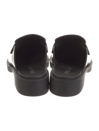 Prada Enameled Metal Triangle Leather Mules