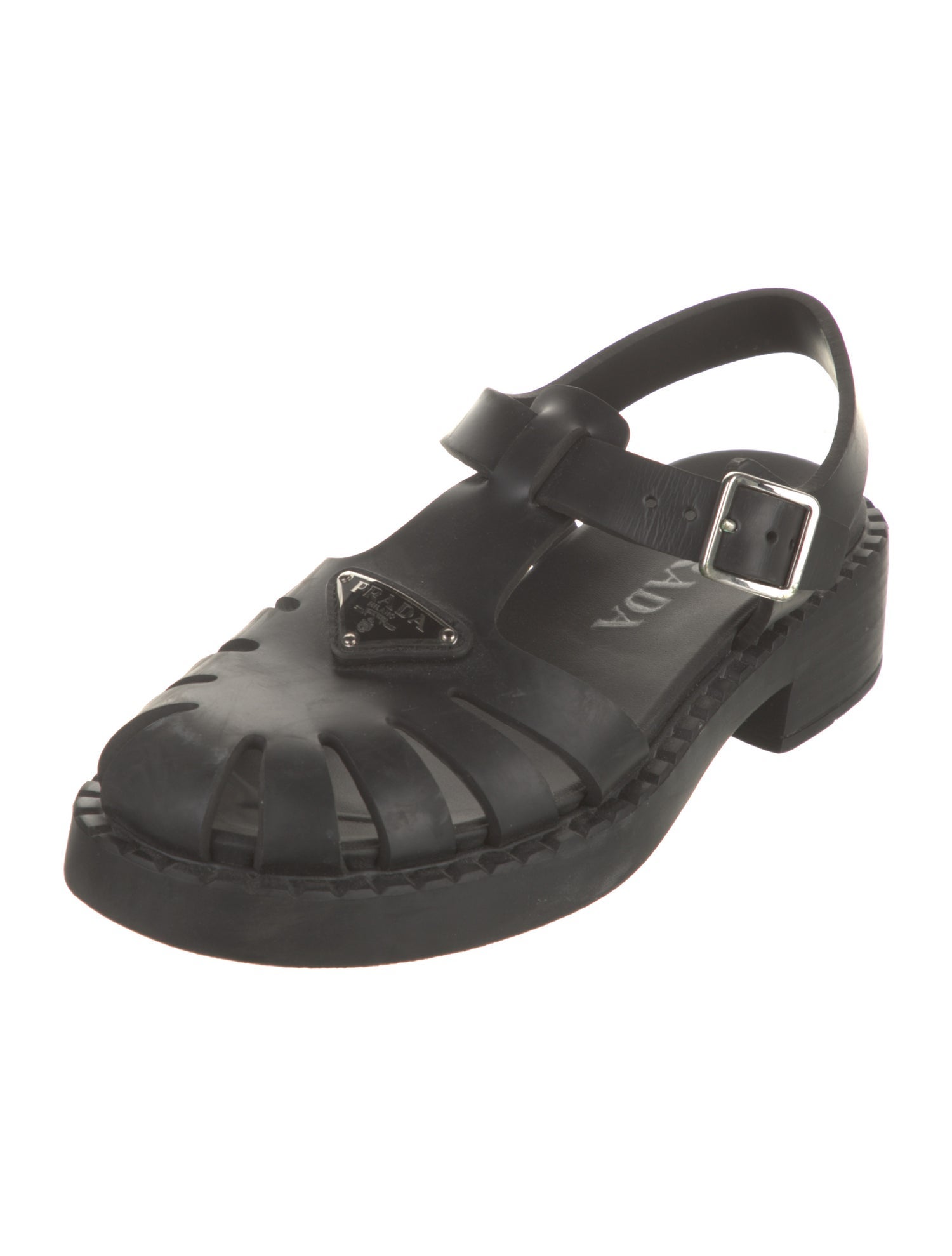 Prada Enameled Metal Triangle Rubber Slingback Sandals