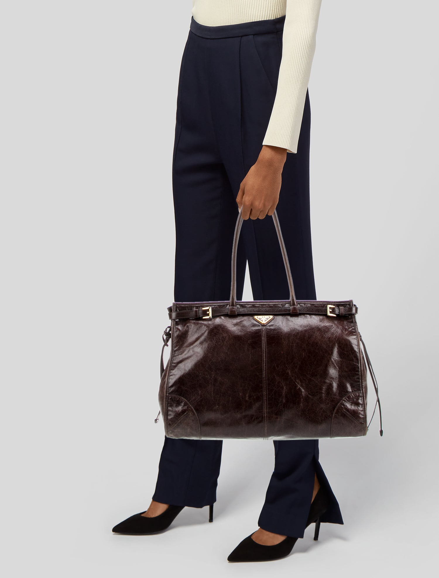 Prada Enameled Metal Triangle Bonnie Large - Brown Totes, Handbags