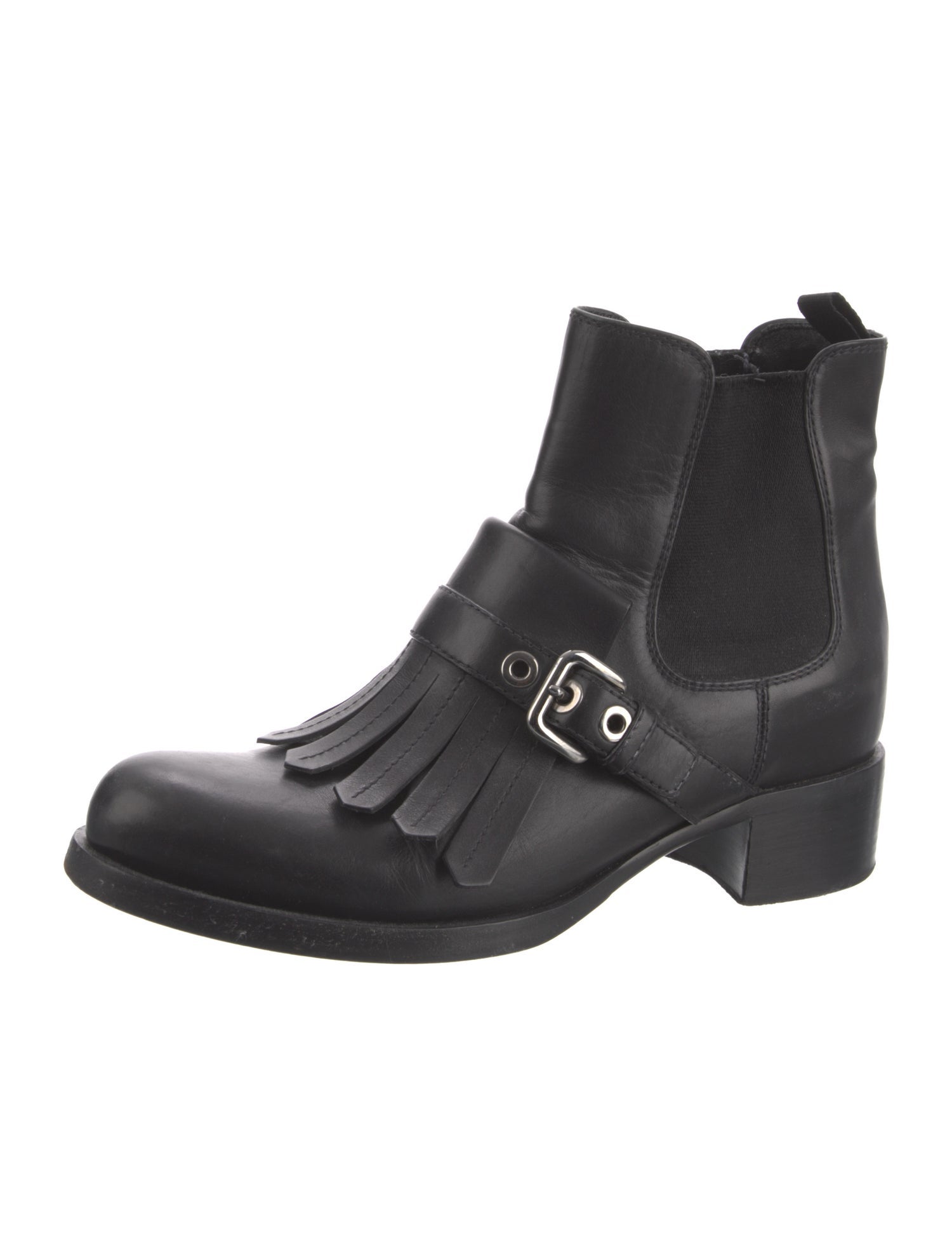 Prada Leather Fringe Trim Accent Chelsea Boots