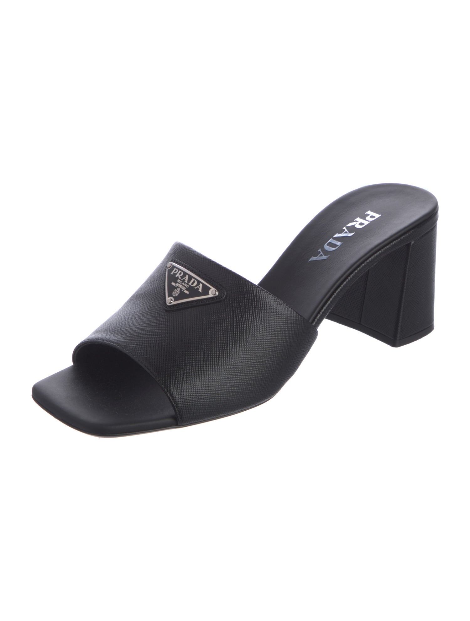 Prada Enameled Metal Triangle Leather Slides