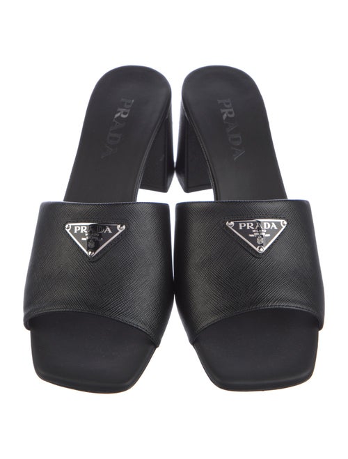 Prada Enameled Metal Triangle Leather Slides