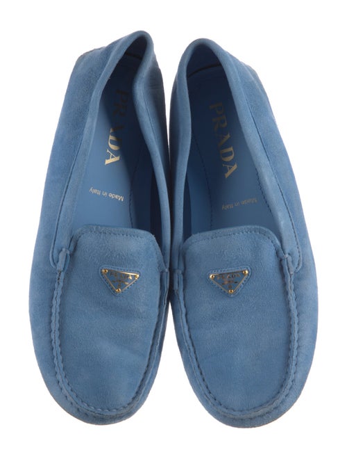 Prada Enameled Metal Triangle Suede Moccasins