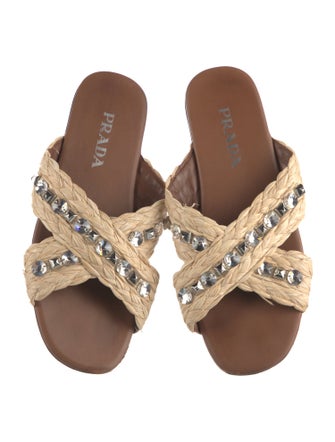 Prada Straw Crystal Embellishments Slides