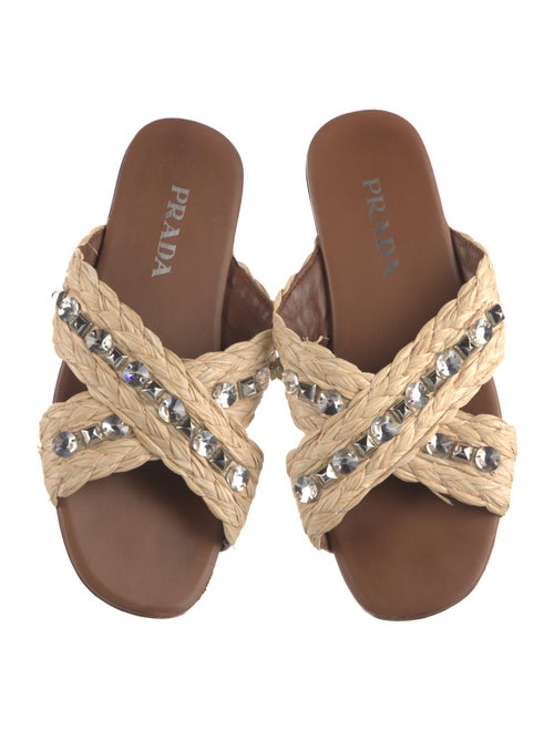 Prada Straw Crystal Embellishments Slides