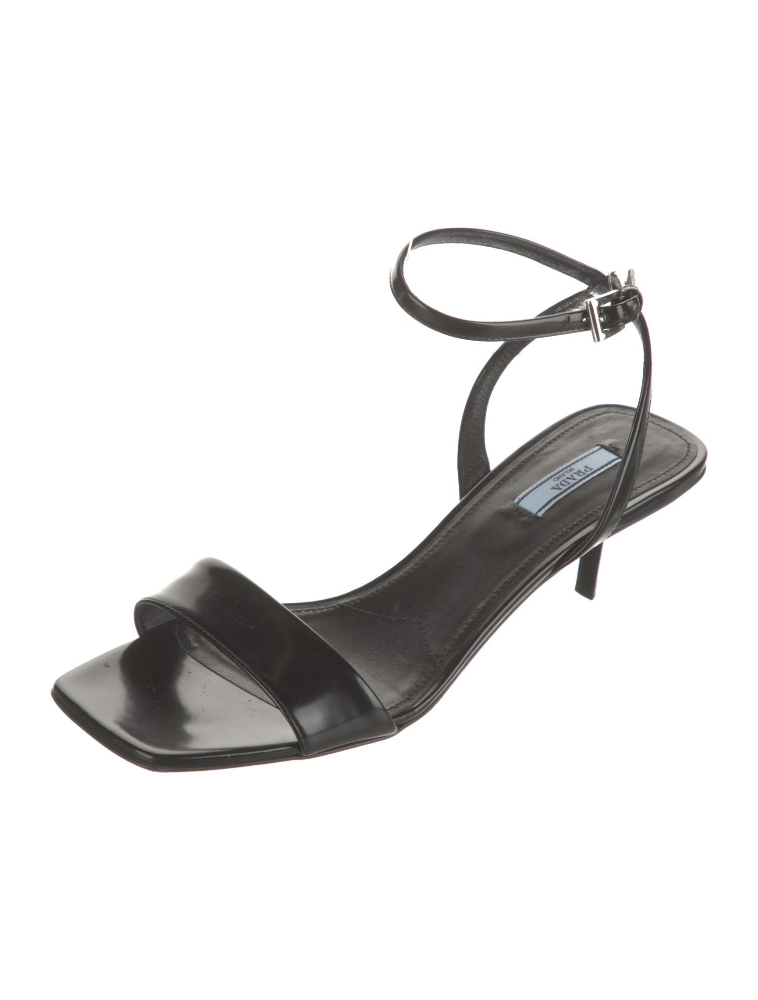 Prada Enameled Metal Triangle Leather Sandals