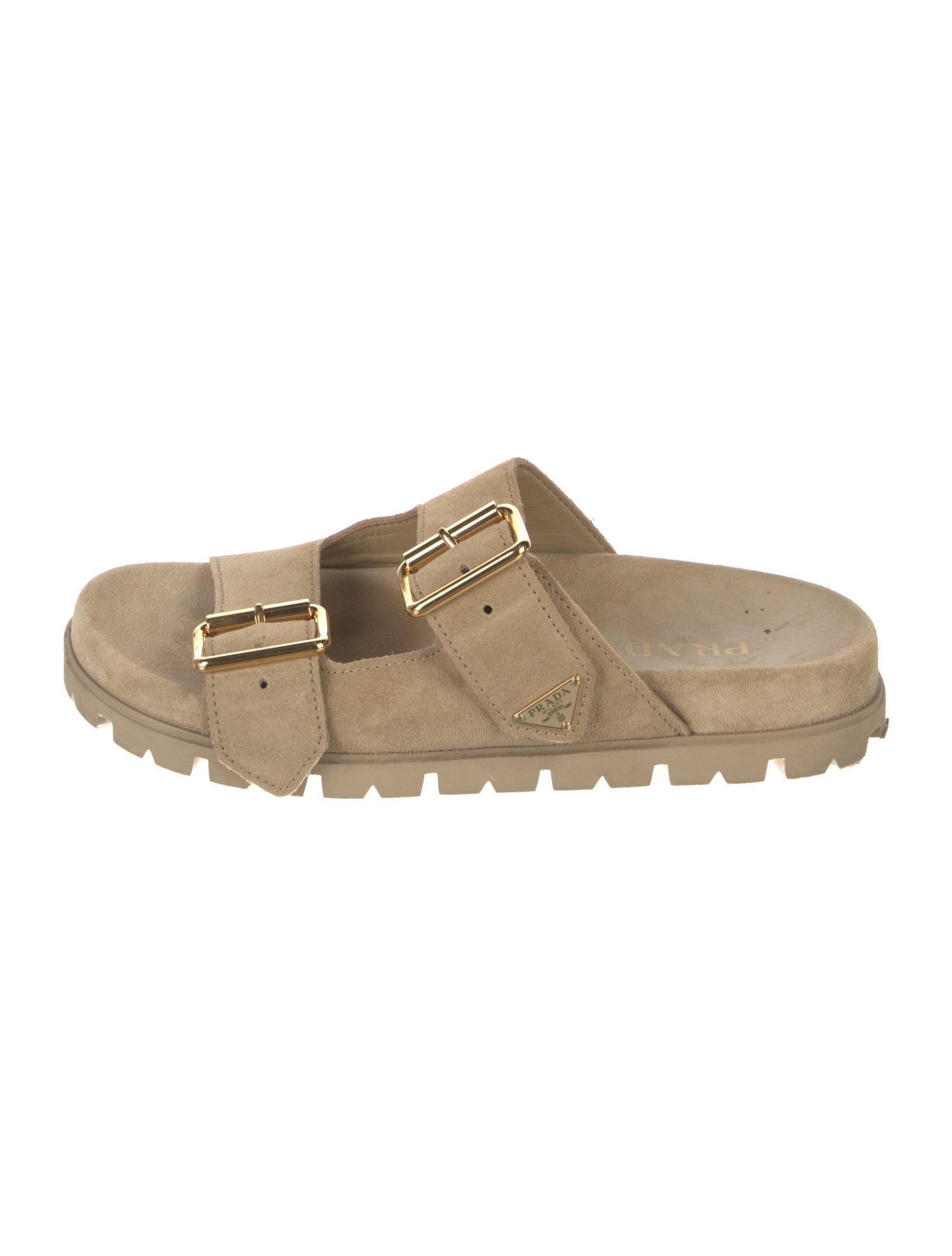 Prada Enameled Metal Triangle Suede Slides