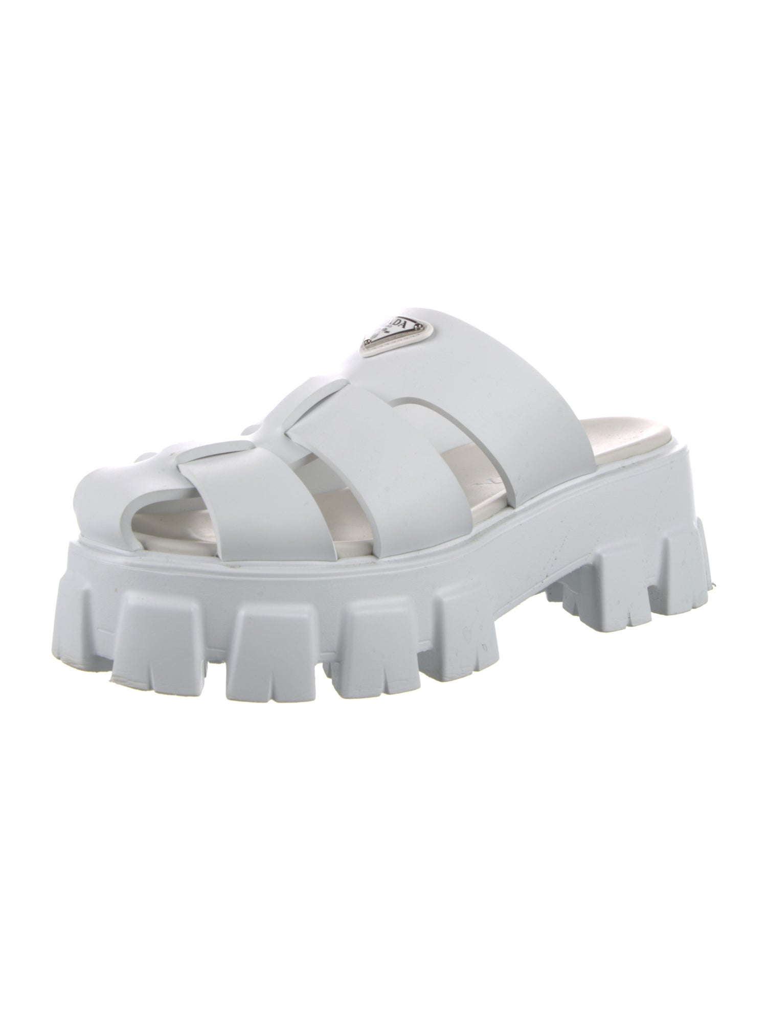 Prada Enameled Metal Triangle Rubber Sandals