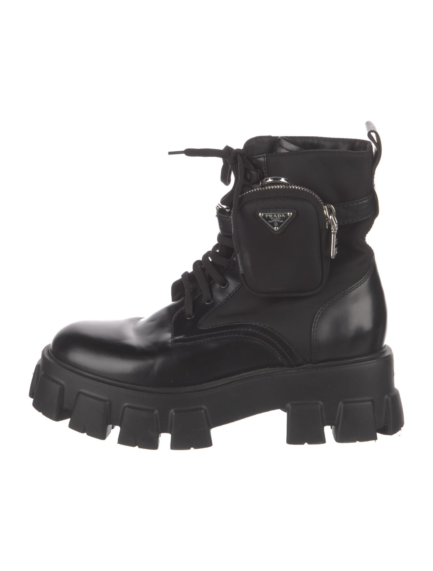 Prada Enameled Metal Triangle Nylon Combat Boots