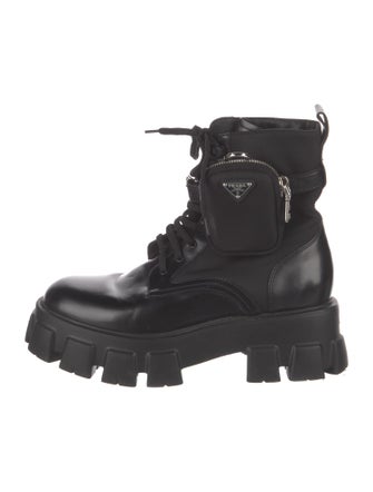 Prada Enameled Metal Triangle Nylon Combat Boots