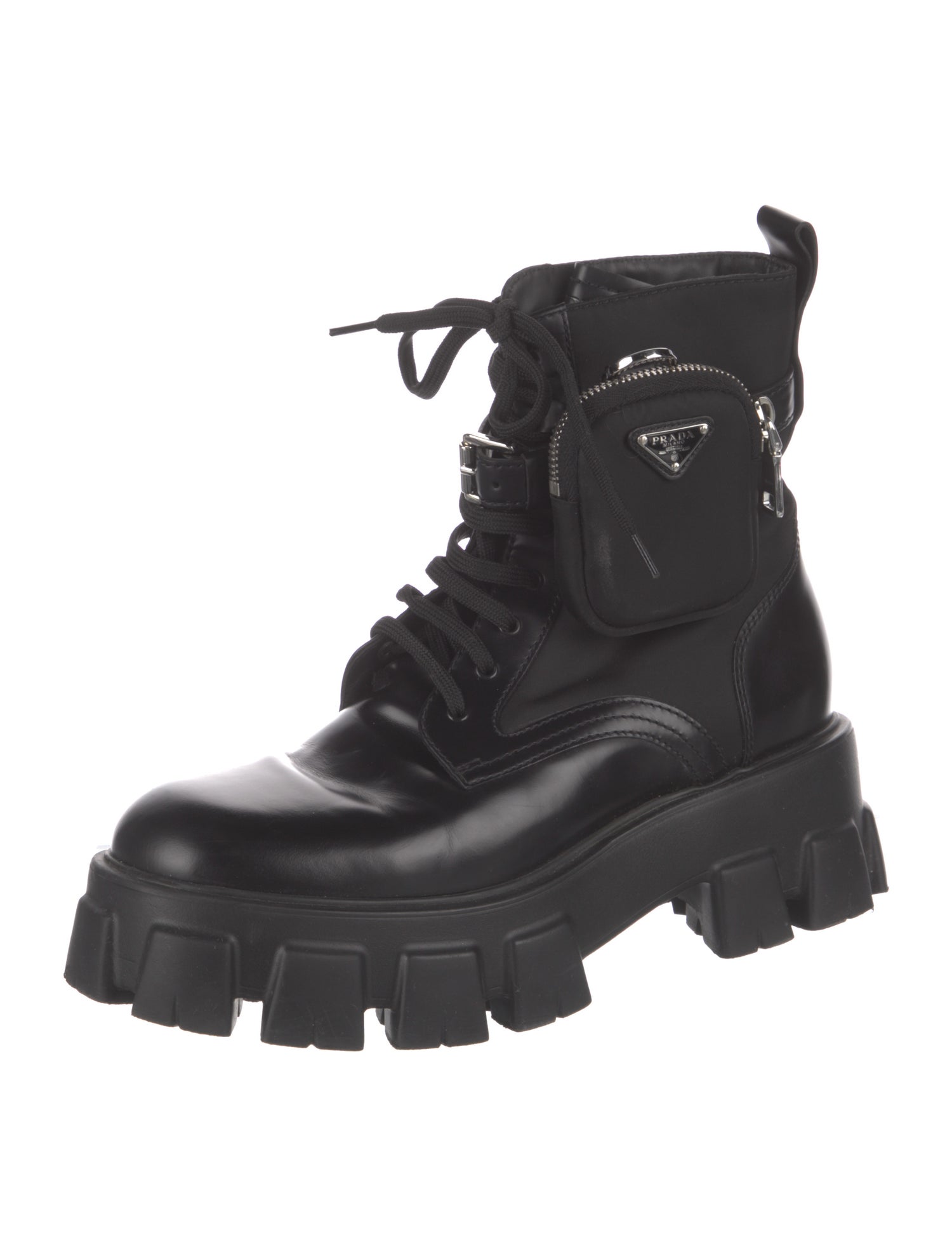 Prada Enameled Metal Triangle Nylon Combat Boots