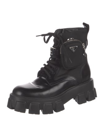 Prada Enameled Metal Triangle Nylon Combat Boots