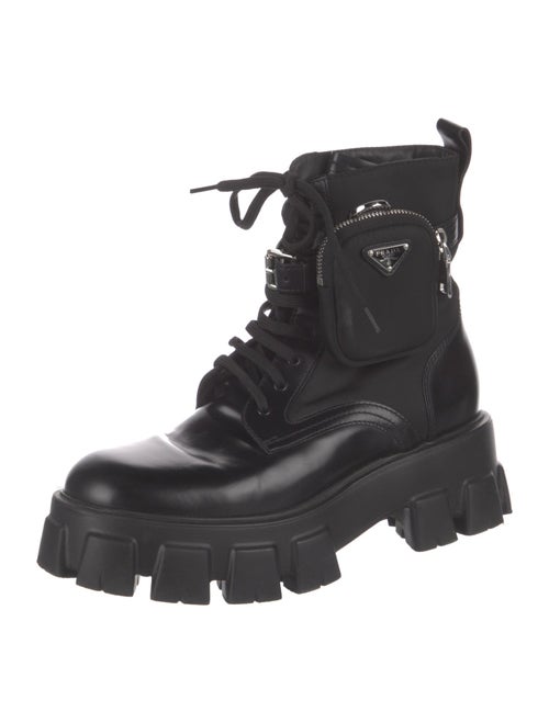 Prada Enameled Metal Triangle Nylon Combat Boots