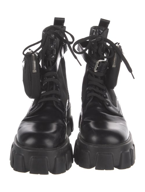 Prada Enameled Metal Triangle Nylon Combat Boots