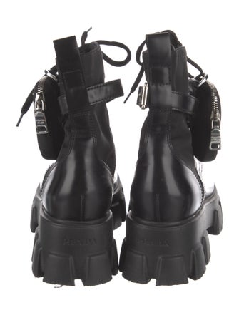 Prada Enameled Metal Triangle Nylon Combat Boots