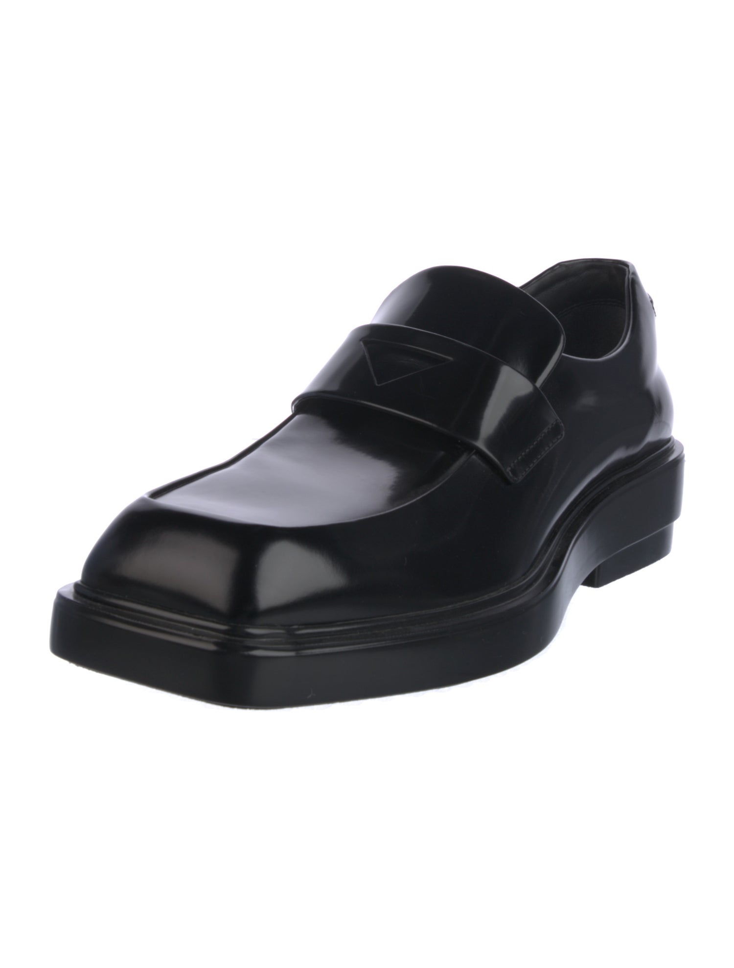 Prada Enameled Metal Triangle Leather Loafers