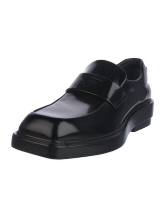 Prada Enameled Metal Triangle Leather Loafers