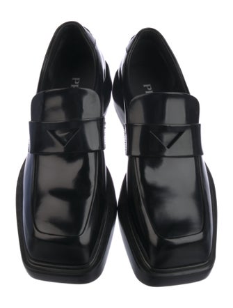 Prada Enameled Metal Triangle Leather Loafers