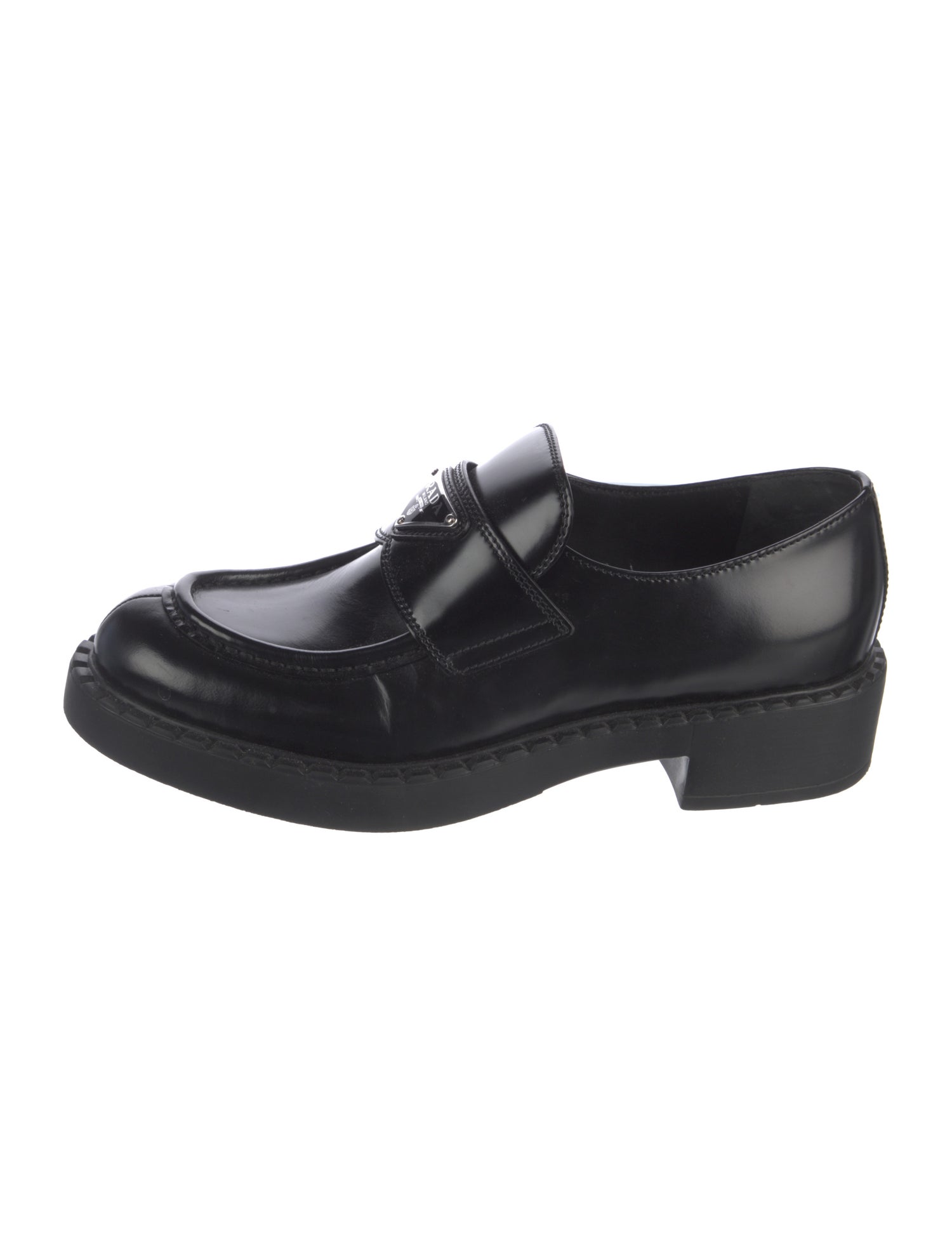 Prada Enameled Metal Triangle Leather Loafers