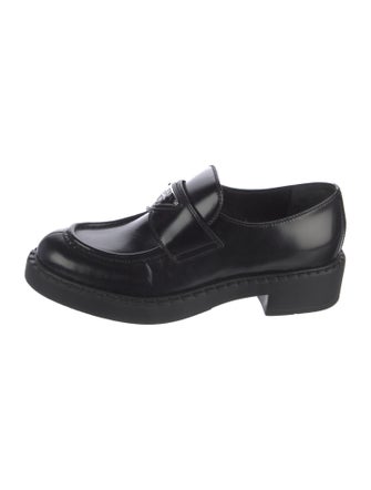 Prada Enameled Metal Triangle Leather Loafers