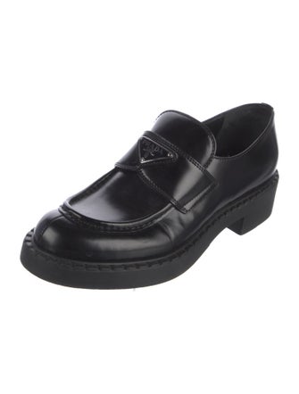 Prada Enameled Metal Triangle Leather Loafers
