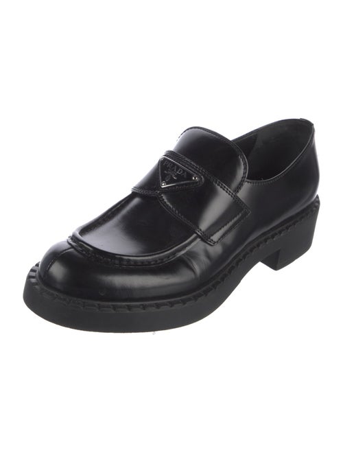 Prada Enameled Metal Triangle Leather Loafers